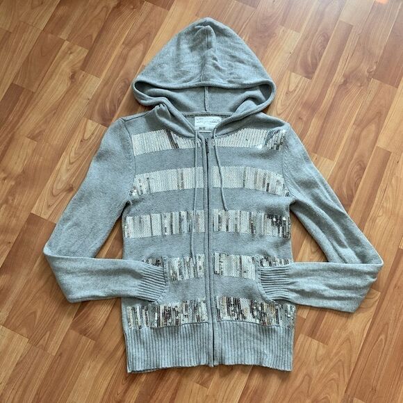 Aeropostale Grey Silver Sequin Hoodie Jacket juniors Medium Holiday Knit Sweater - Picture 1 of 8